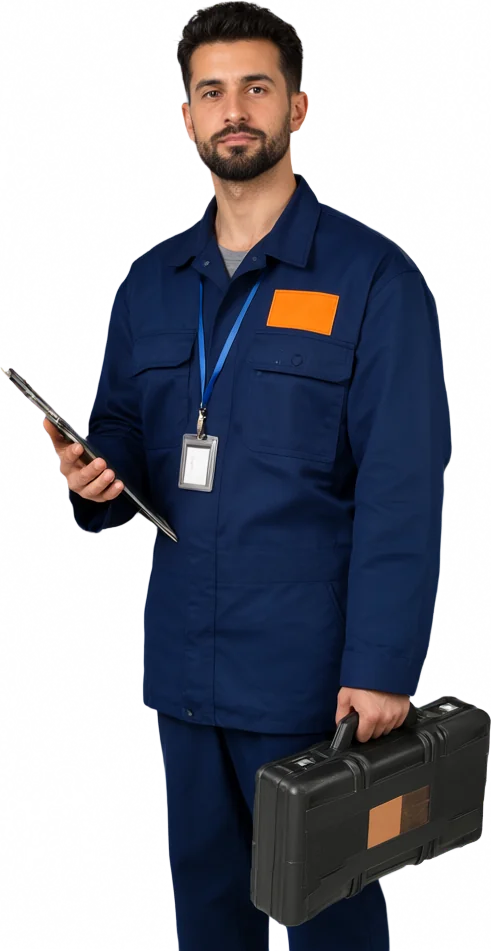 FixLine technician with a clipboard and a tool case