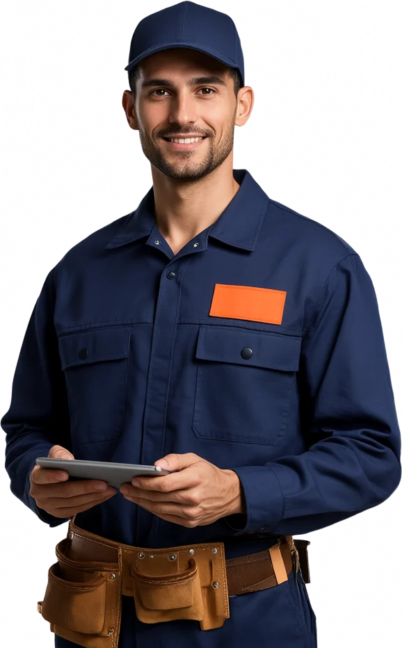 FixLine technician in a navy uniform holding a tablet