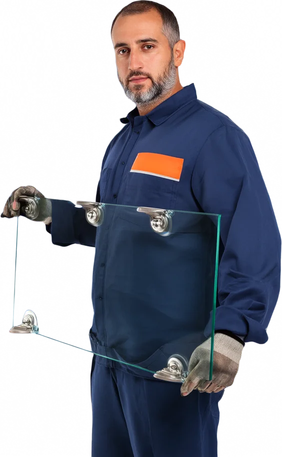 Glazier carrying a glass panel with suction lifters